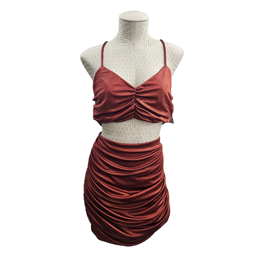 BP Ruched Cut Out Mini Dress Womens Large Rust Copper Shimmer Bodycon Nordstrom